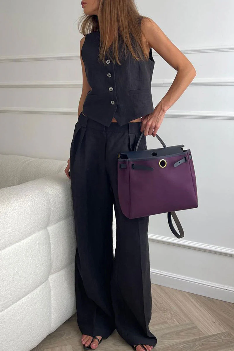 Casual British Style Solid Buckle V Neck Sleeveless Two Pieces(3 Colors) - Image 7