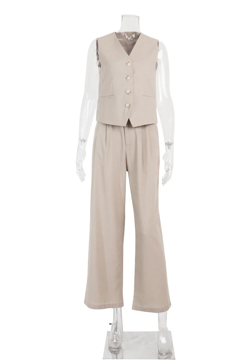 Casual British Style Solid Buckle V Neck Sleeveless Two Pieces(3 Colors) - Image 8