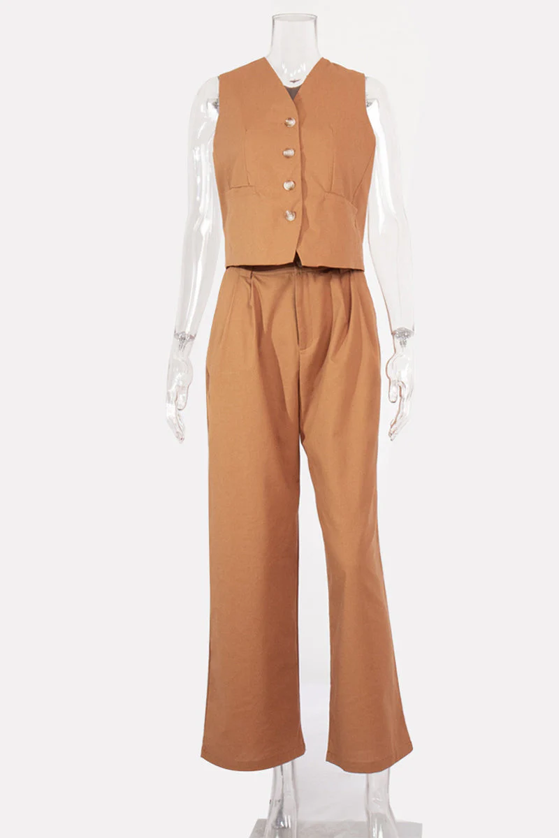 Casual British Style Solid Buckle V Neck Sleeveless Two Pieces(3 Colors) - Image 9
