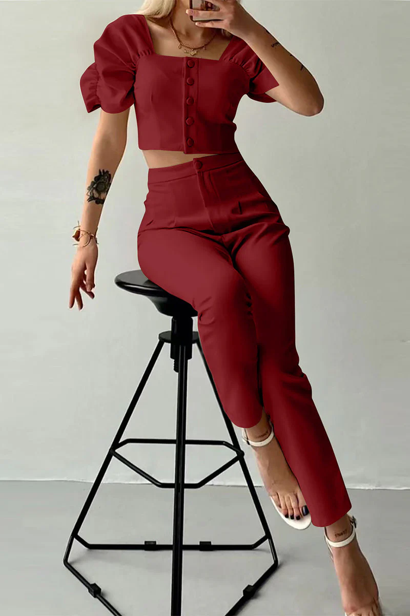 Casual British Style Solid Buttons Fold Square Collar Short Sleeve Two Pieces(7 Colors) - Image 16