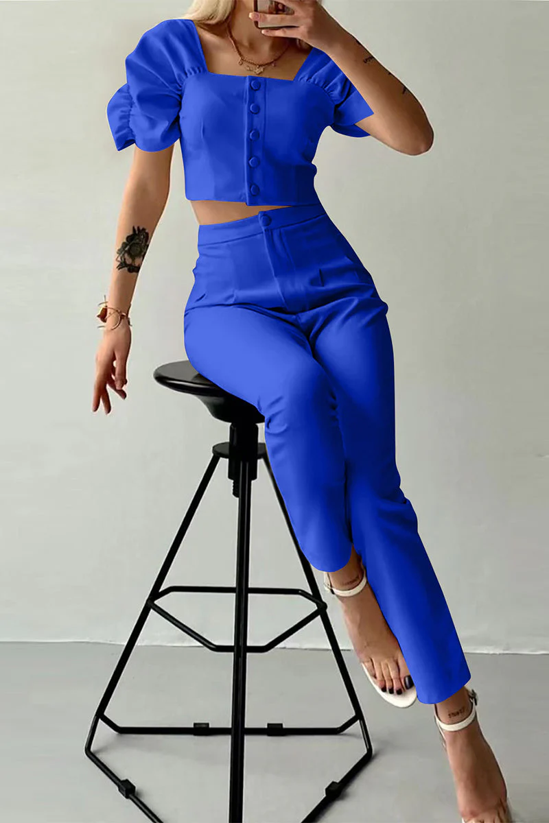 Casual British Style Solid Buttons Fold Square Collar Short Sleeve Two Pieces(7 Colors) - Image 17