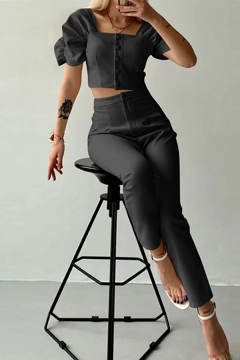 Casual British Style Solid Buttons Fold Square Collar Short Sleeve Two Pieces(7 Colors) - Image 4