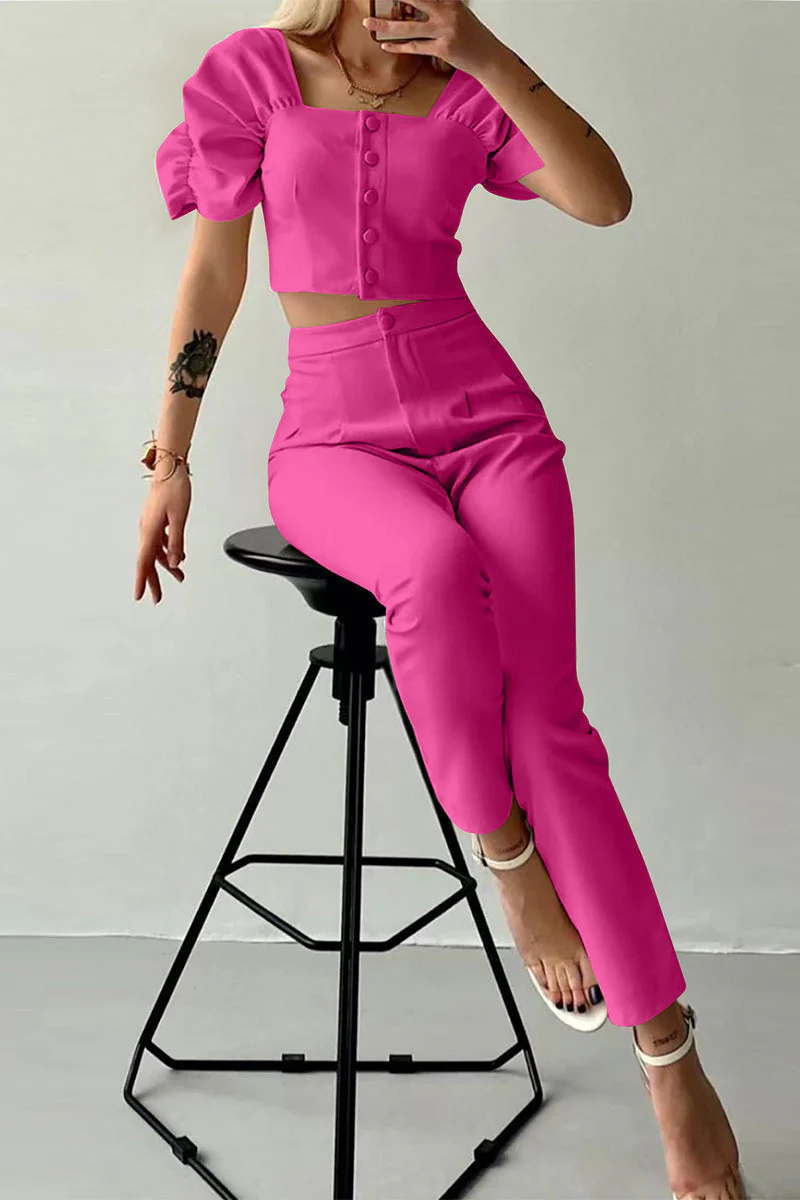 Casual British Style Solid Buttons Fold Square Collar Short Sleeve Two Pieces(7 Colors) - Image 5