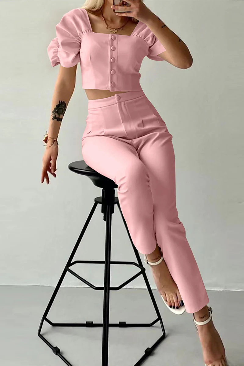 Casual British Style Solid Buttons Fold Square Collar Short Sleeve Two Pieces(7 Colors) - Image 6