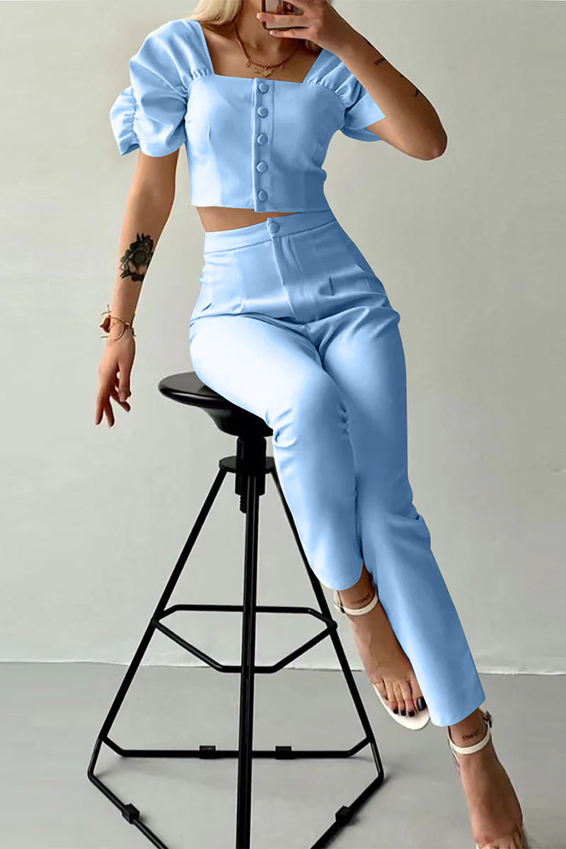 Casual British Style Solid Buttons Fold Square Collar Short Sleeve Two Pieces(7 Colors) - Image 7