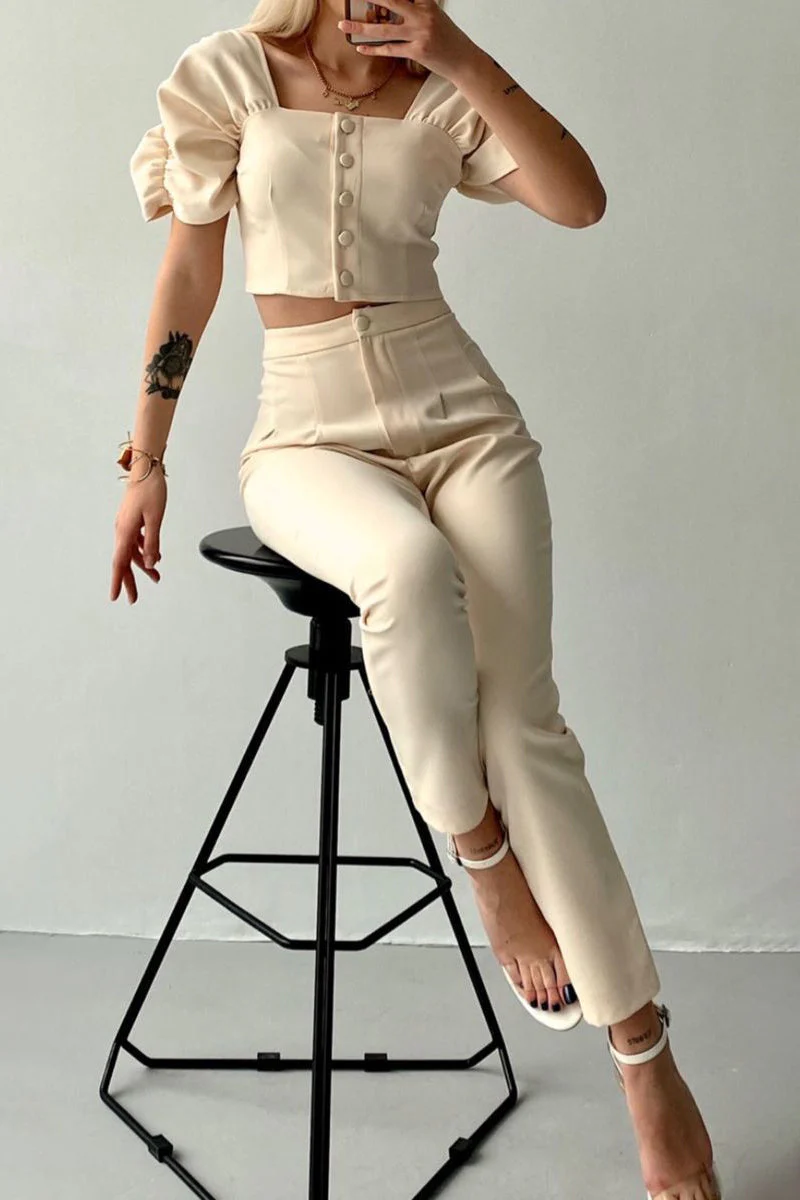 Casual British Style Solid Buttons Fold Square Collar Short Sleeve Two Pieces(7 Colors) - Image 8