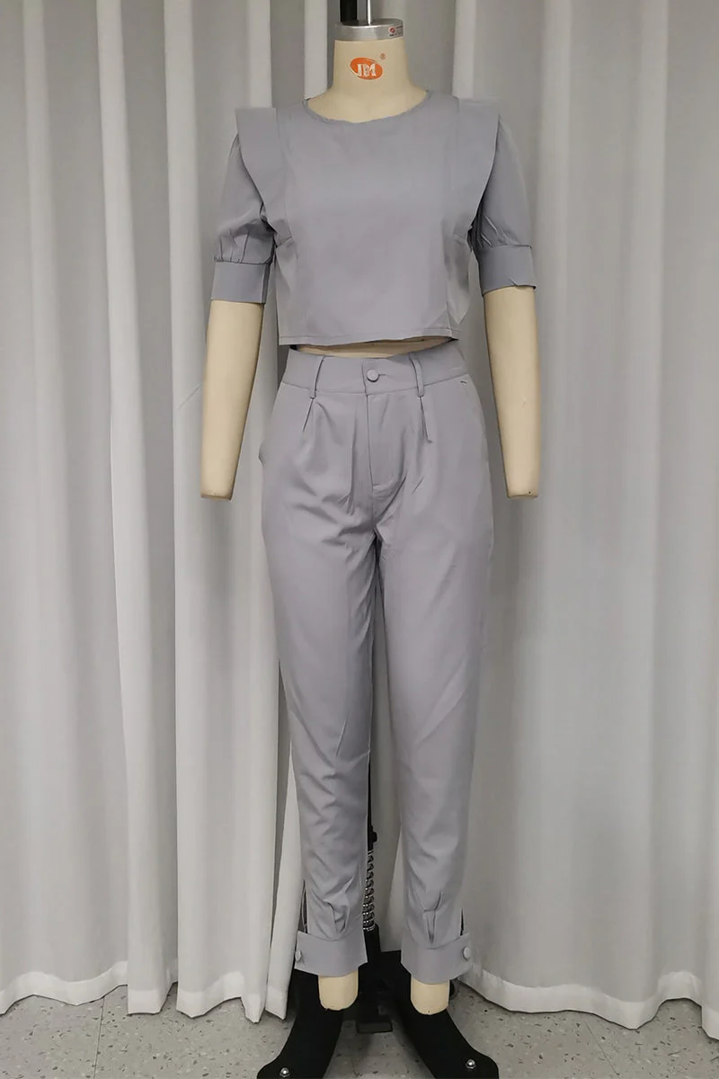 Casual British Style Solid Pocket Fold O Neck Short Sleeve Two Pieces - Image 3