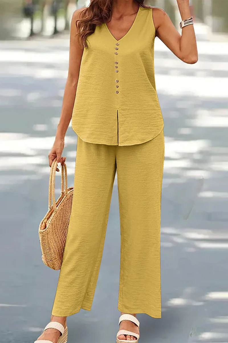 Casual Buttons V Neck Sleeveless Two Pieces - Image 19