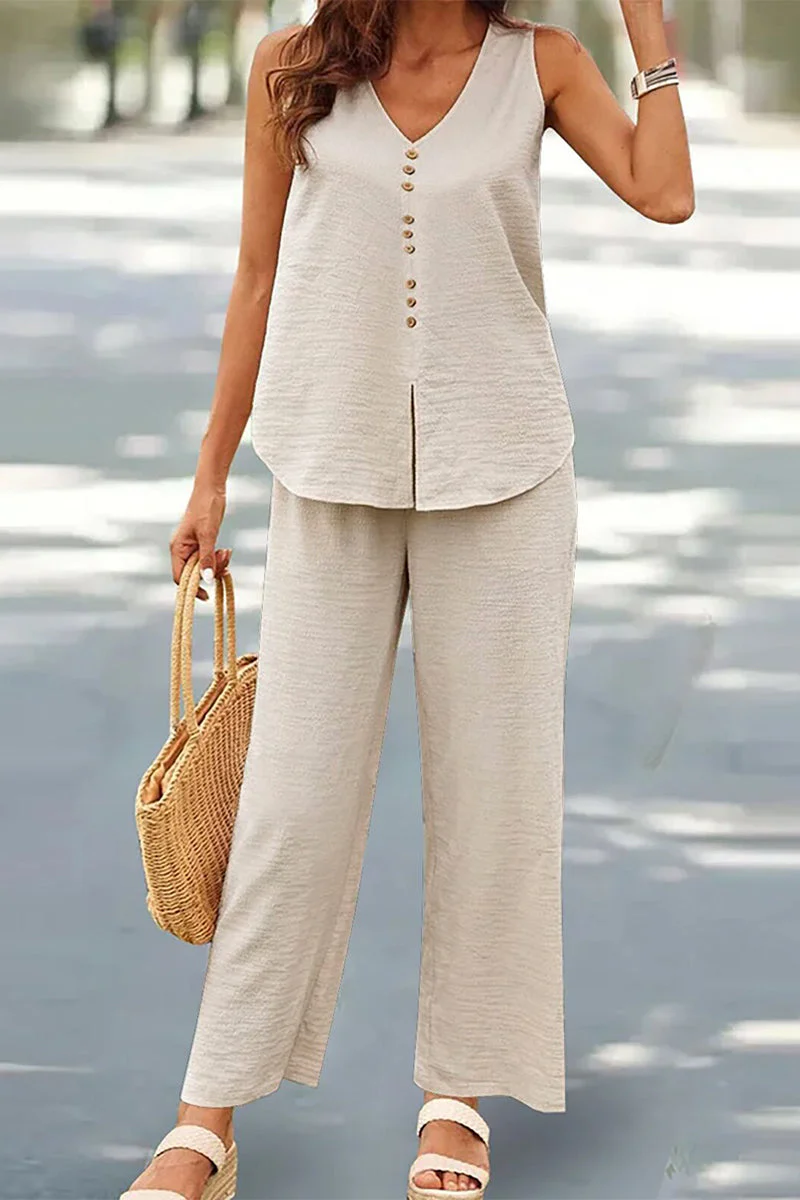 Casual Buttons V Neck Sleeveless Two Pieces - Image 23