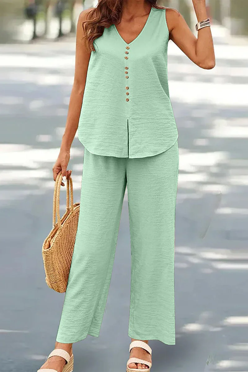 Casual Buttons V Neck Sleeveless Two Pieces - Image 3