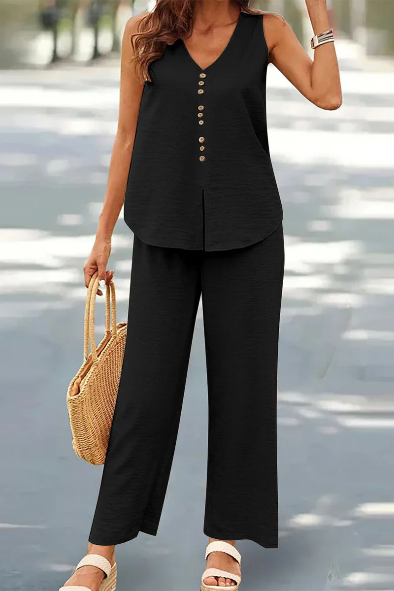 Casual Buttons V Neck Sleeveless Two Pieces - Image 35