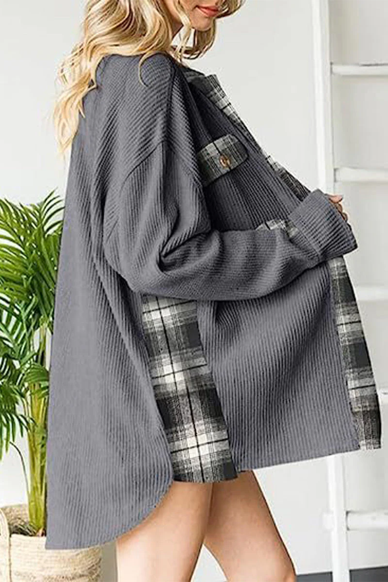 Casual Color Block Pocket Contrast Turndown Collar Tops - Image 10