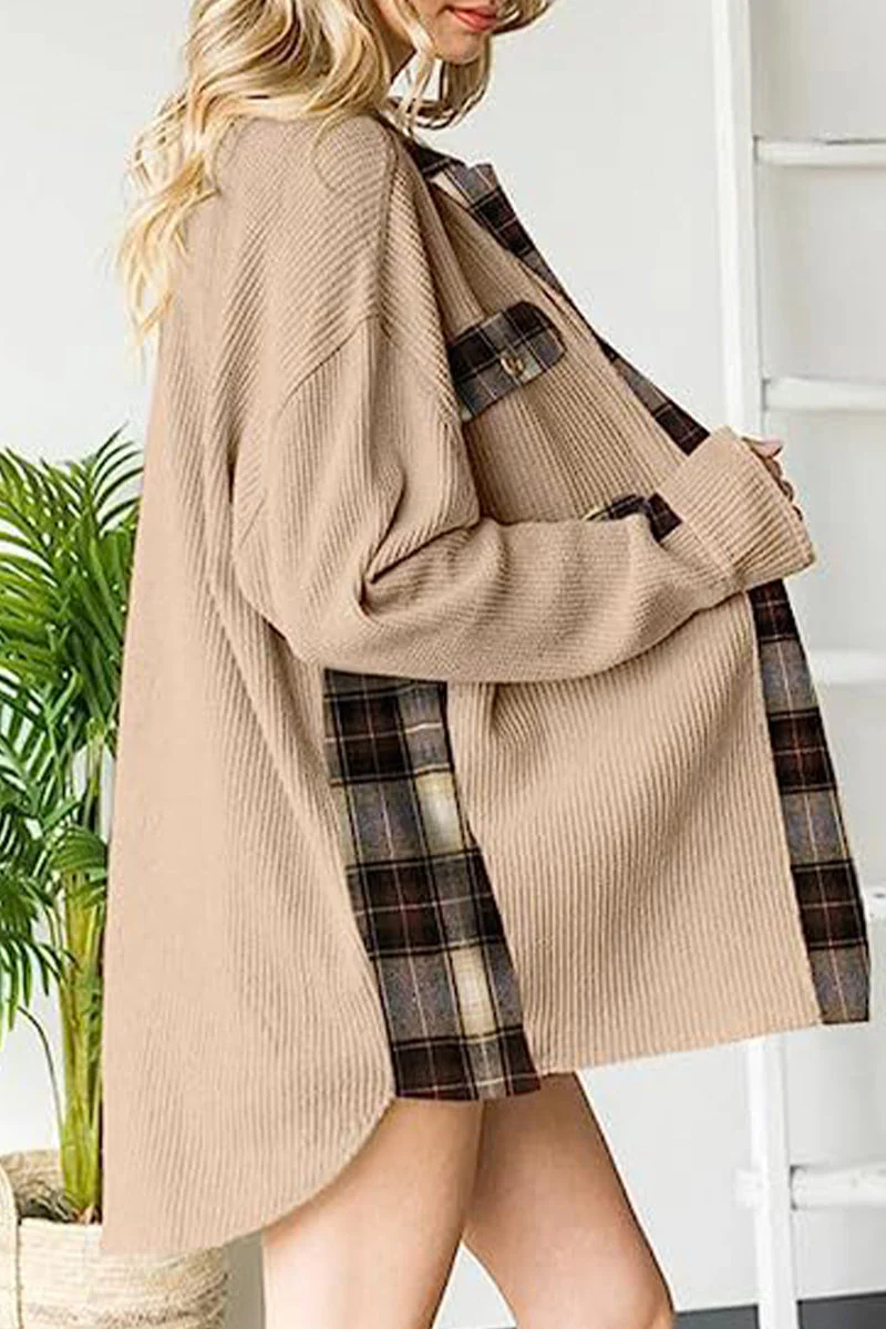 Casual Color Block Pocket Contrast Turndown Collar Tops - Image 13