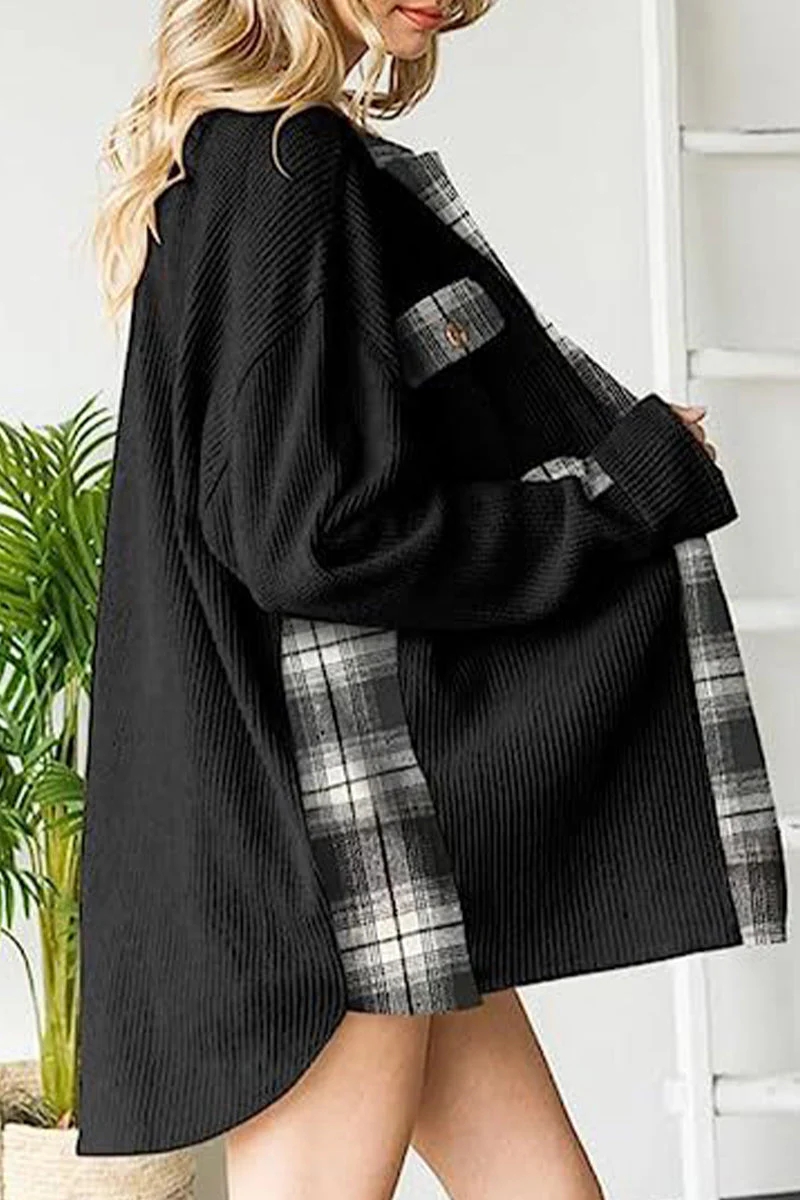 Casual Color Block Pocket Contrast Turndown Collar Tops - Image 2