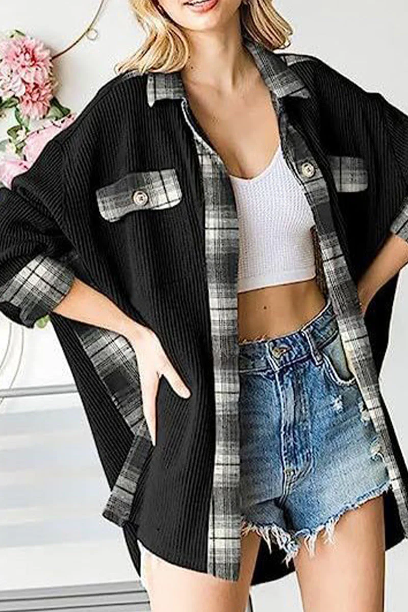 Casual Color Block Pocket Contrast Turndown Collar Tops - Image 22