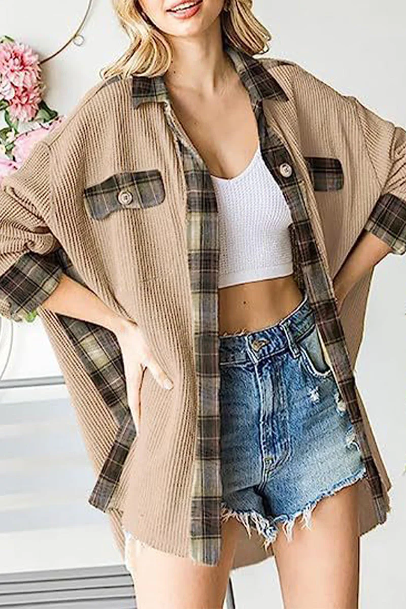 Casual Color Block Pocket Contrast Turndown Collar Tops - Image 27