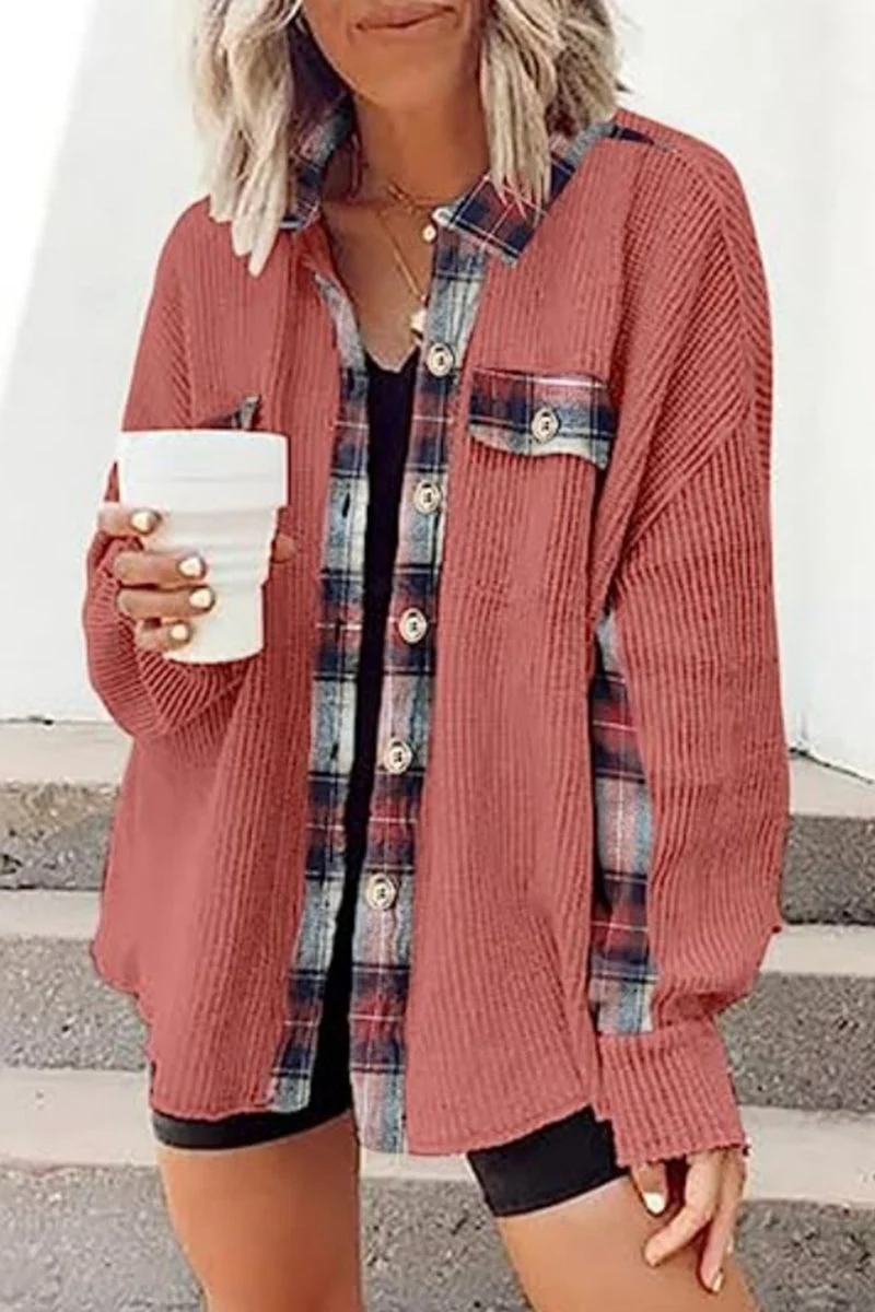 Casual Color Block Pocket Contrast Turndown Collar Tops - Image 28