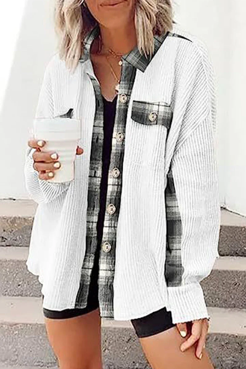 Casual Color Block Pocket Contrast Turndown Collar Tops - Image 3