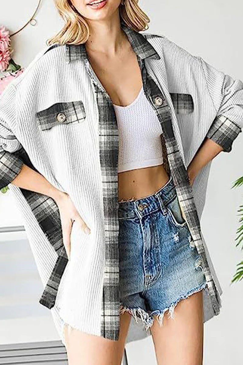Casual Color Block Pocket Contrast Turndown Collar Tops - Image 4