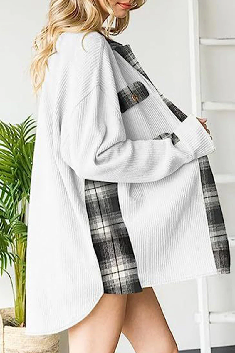 Casual Color Block Pocket Contrast Turndown Collar Tops - Image 5