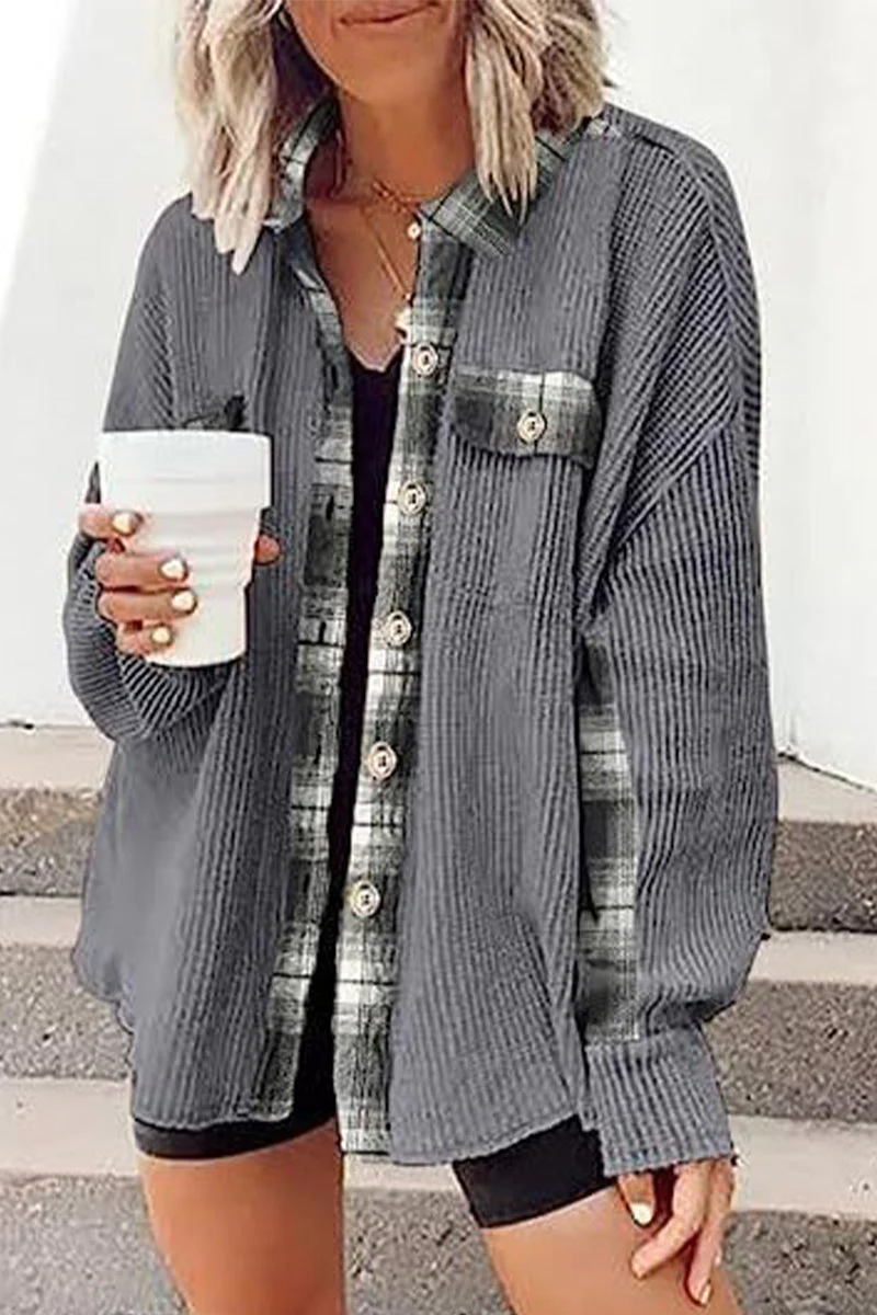 Casual Color Block Pocket Contrast Turndown Collar Tops - Image 8