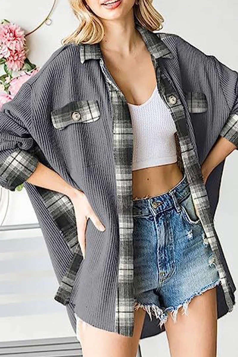 Casual Color Block Pocket Contrast Turndown Collar Tops - Image 9