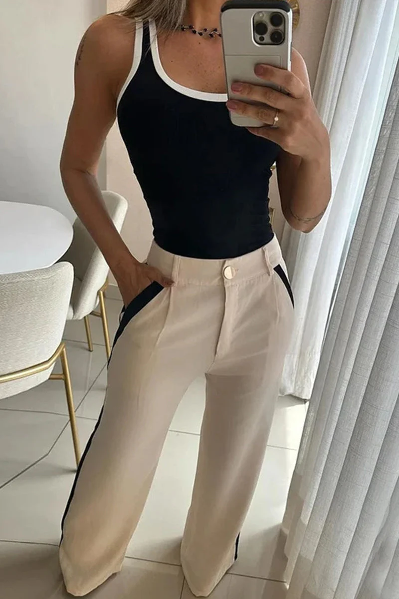 Casual Color Block Pocket Contrast U Neck Sleeveless Two Pieces - Image 2