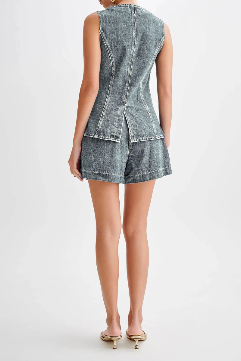 Casual Daily Solid Color Buttons Patchwork O Neck Sleeveless Two Pieces(4 Colors) - Image 10