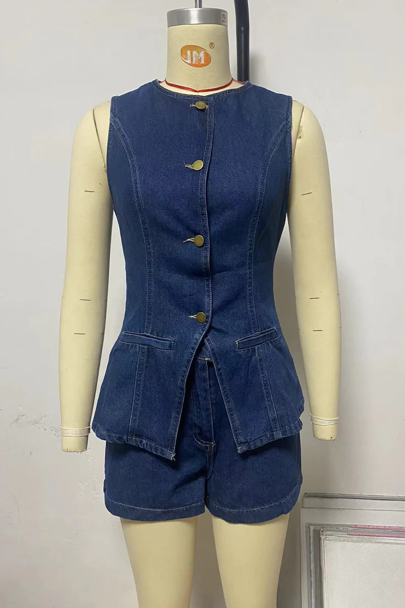 Casual Daily Solid Color Buttons Patchwork O Neck Sleeveless Two Pieces(4 Colors) - Image 14