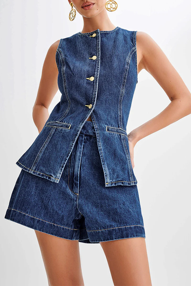 Casual Daily Solid Color Buttons Patchwork O Neck Sleeveless Two Pieces(4 Colors) - Image 16