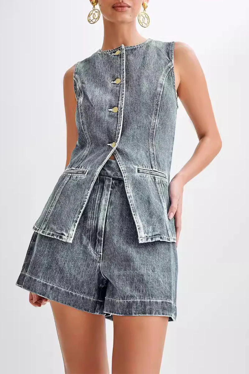 Casual Daily Solid Color Buttons Patchwork O Neck Sleeveless Two Pieces(4 Colors) - Image 18