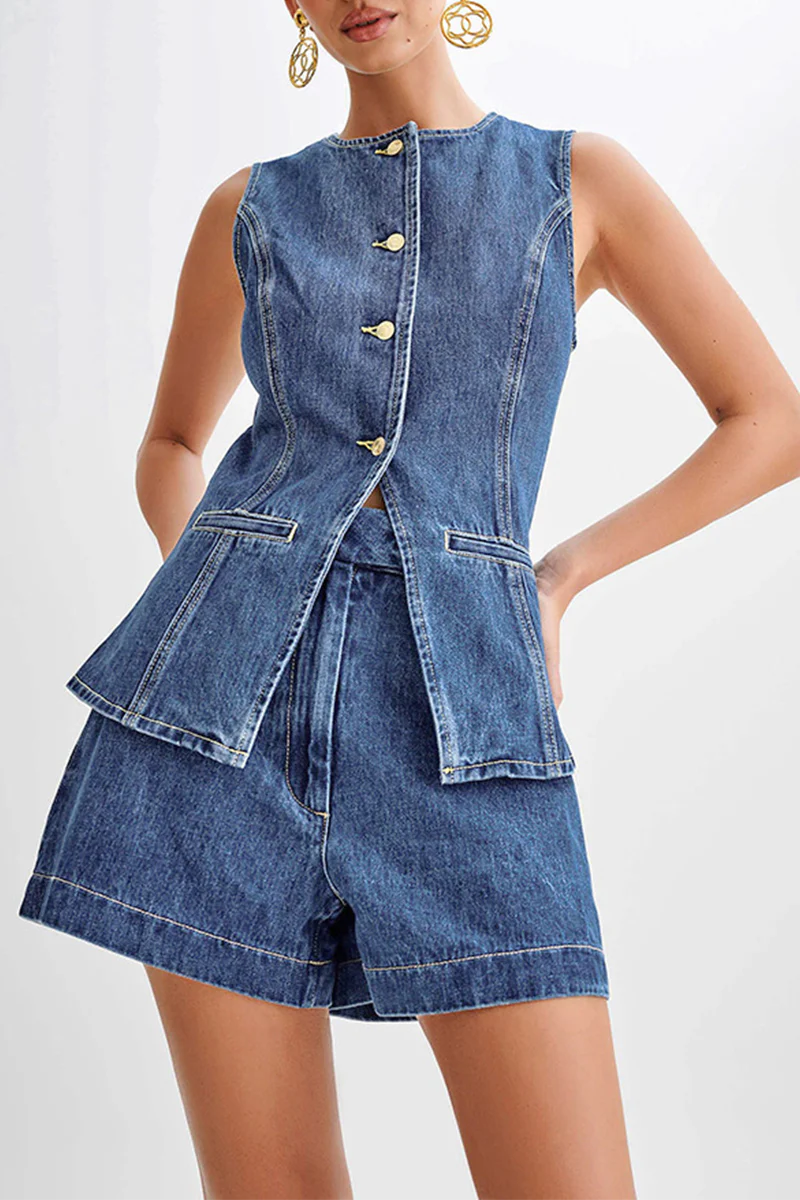 Casual Daily Solid Color Buttons Patchwork O Neck Sleeveless Two Pieces(4 Colors) - Image 19
