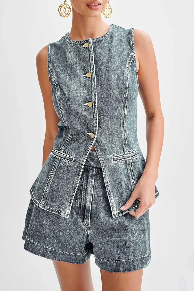Casual Daily Solid Color Buttons Patchwork O Neck Sleeveless Two Pieces(4 Colors) - Image 6