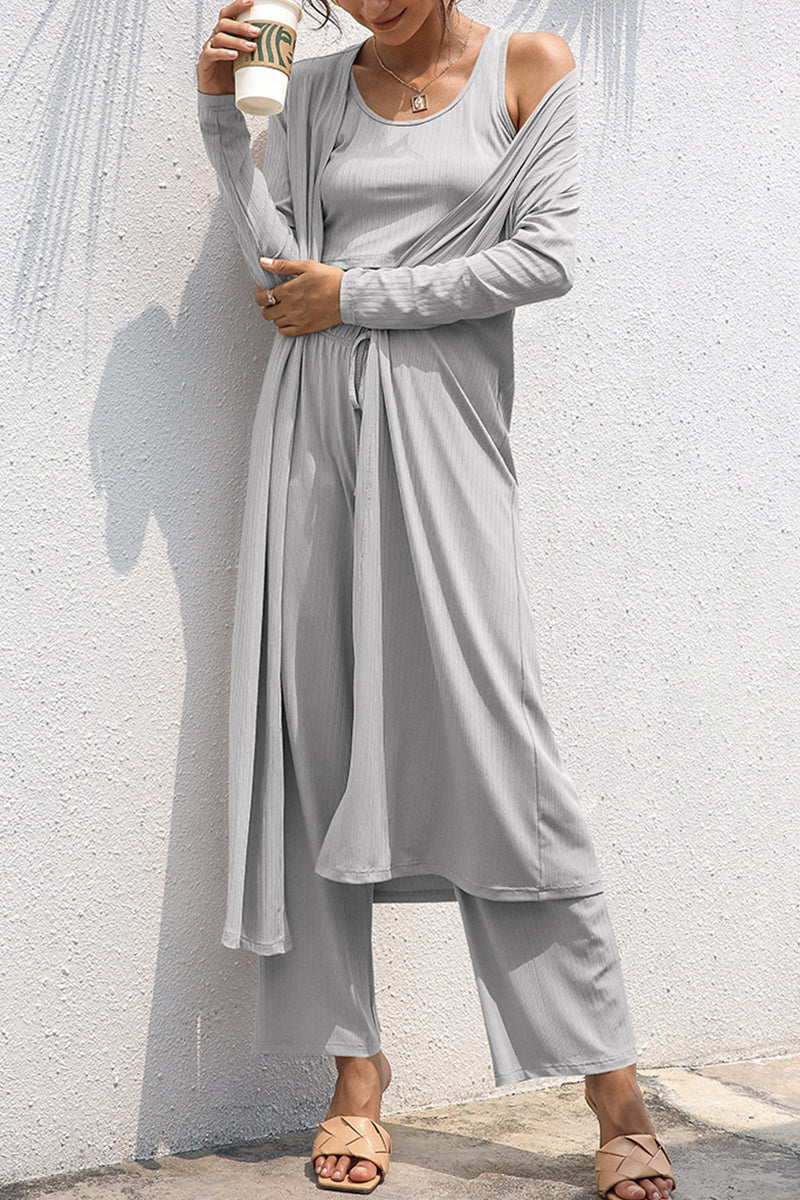 Casual Daily Solid Frenulum Cardigan Collar Long Sleeve Two Pieces - Image 2