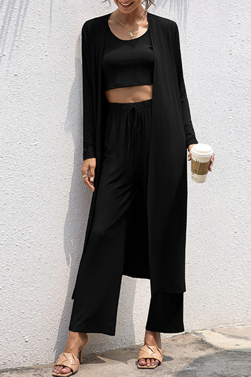 Casual Daily Solid Frenulum Cardigan Collar Long Sleeve Two Pieces - Image 4