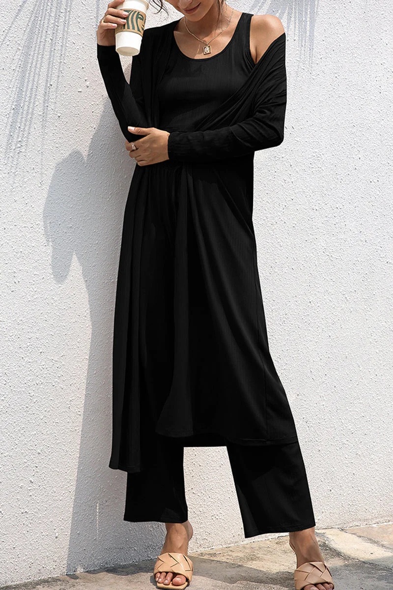 Casual Daily Solid Frenulum Cardigan Collar Long Sleeve Two Pieces - Image 5