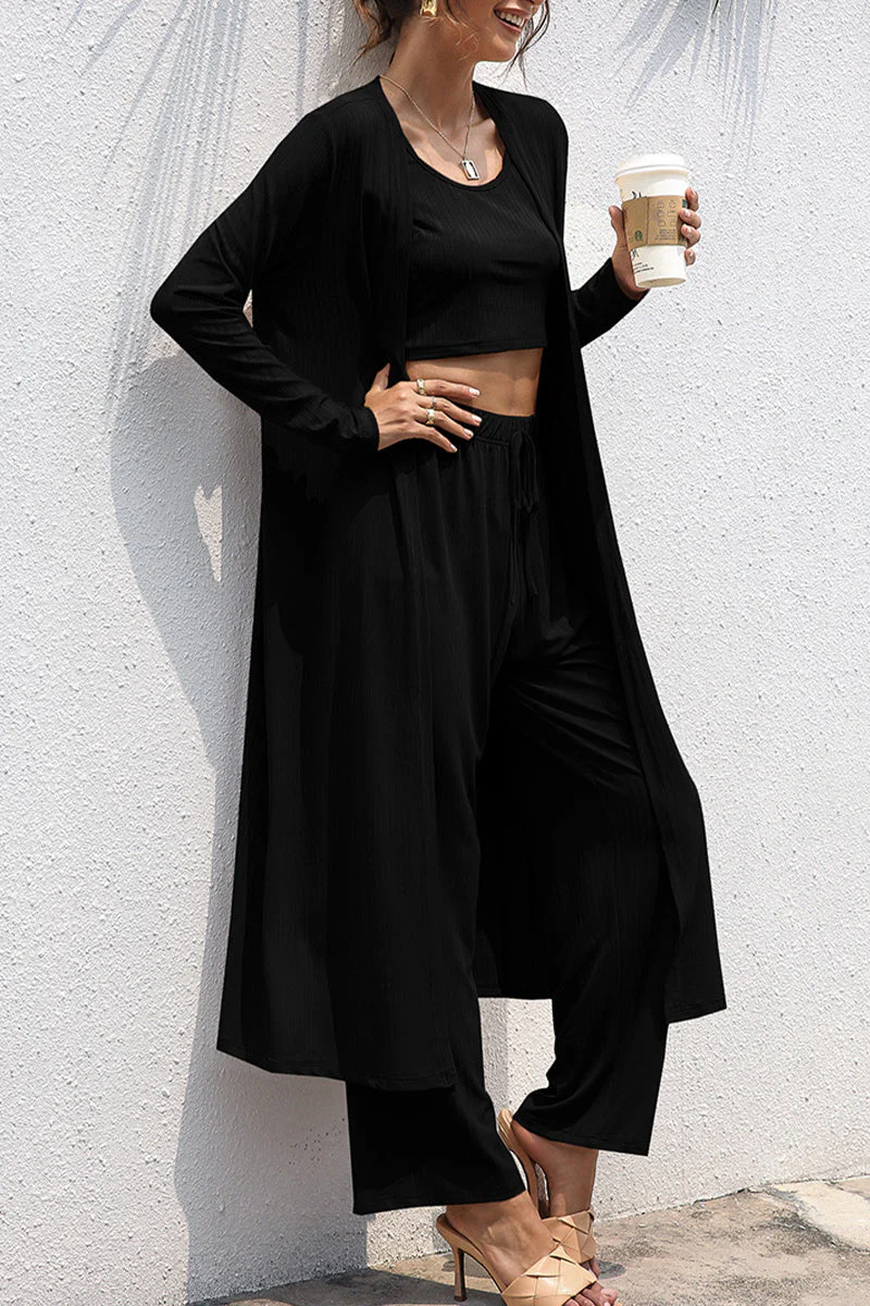 Casual Daily Solid Frenulum Cardigan Collar Long Sleeve Two Pieces - Image 6