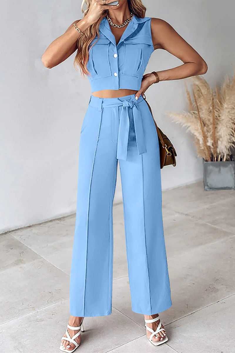 Casual Daily Solid Frenulum Turndown Collar Sleeveless Two Pieces(6 Colors) - Image 12