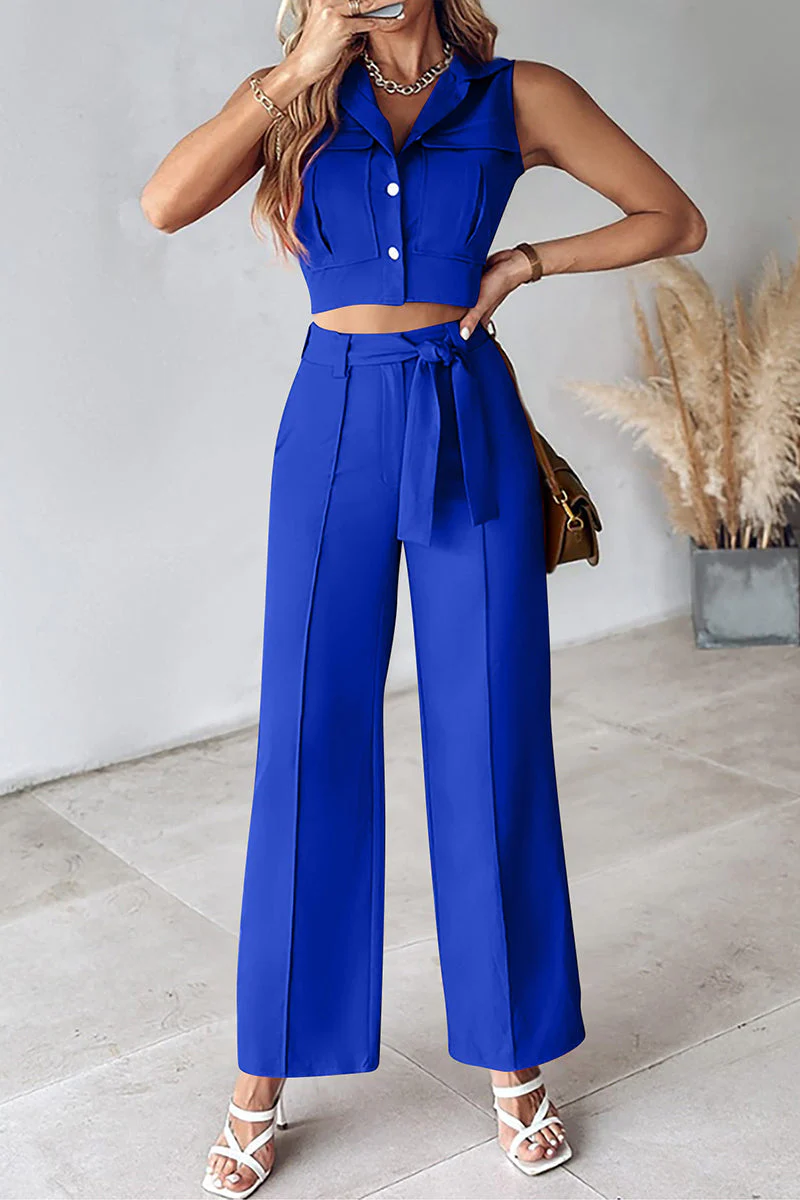 Casual Daily Solid Frenulum Turndown Collar Sleeveless Two Pieces(6 Colors) - Image 13