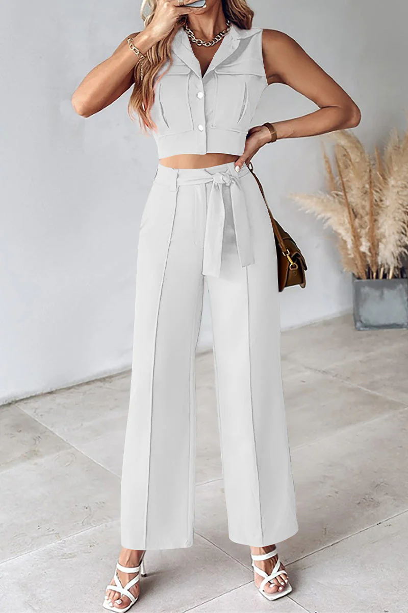 Casual Daily Solid Frenulum Turndown Collar Sleeveless Two Pieces(6 Colors) - Image 15