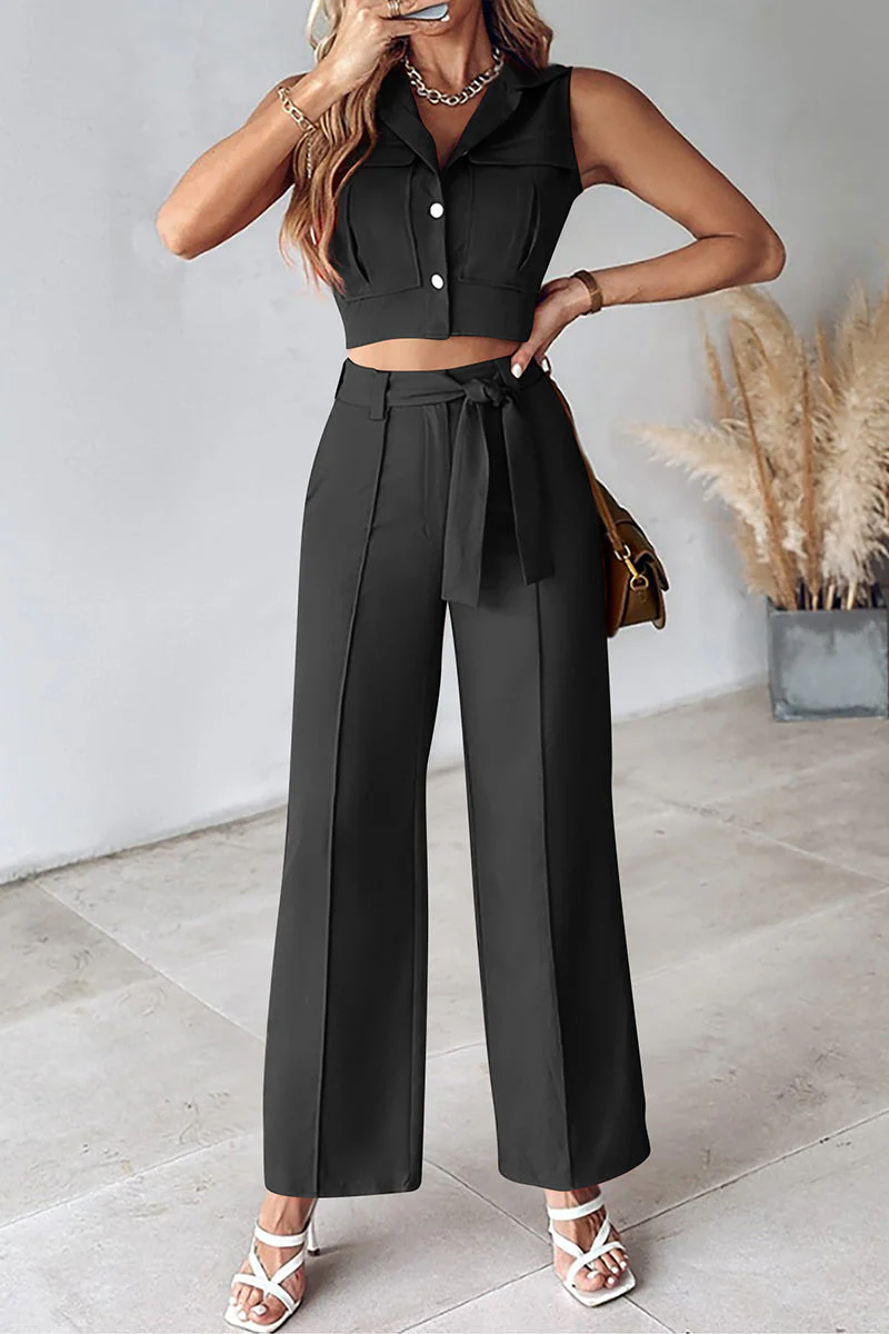 Casual Daily Solid Frenulum Turndown Collar Sleeveless Two Pieces(6 Colors) - Image 3