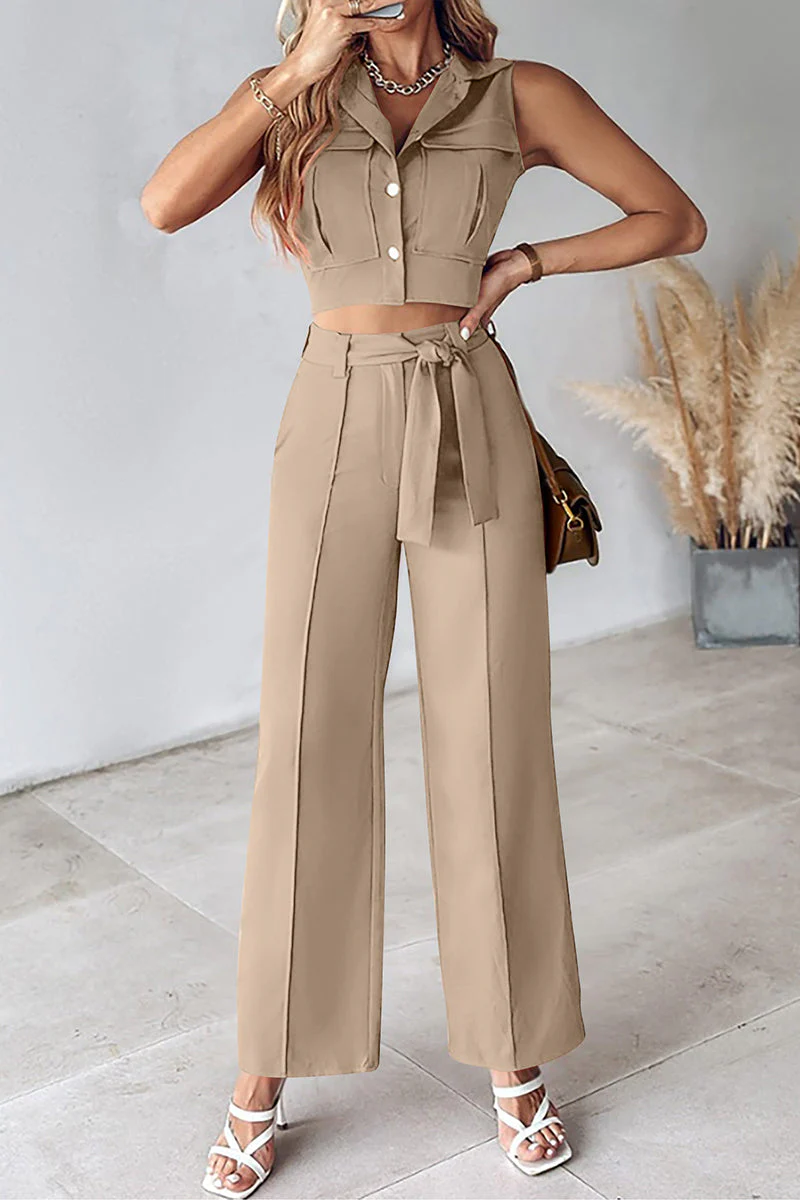 Casual Daily Solid Frenulum Turndown Collar Sleeveless Two Pieces(6 Colors) - Image 8