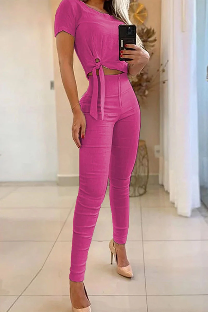 Casual Daily Solid Frenulum Zipper O Neck Short Sleeve Two Pieces - Image 5