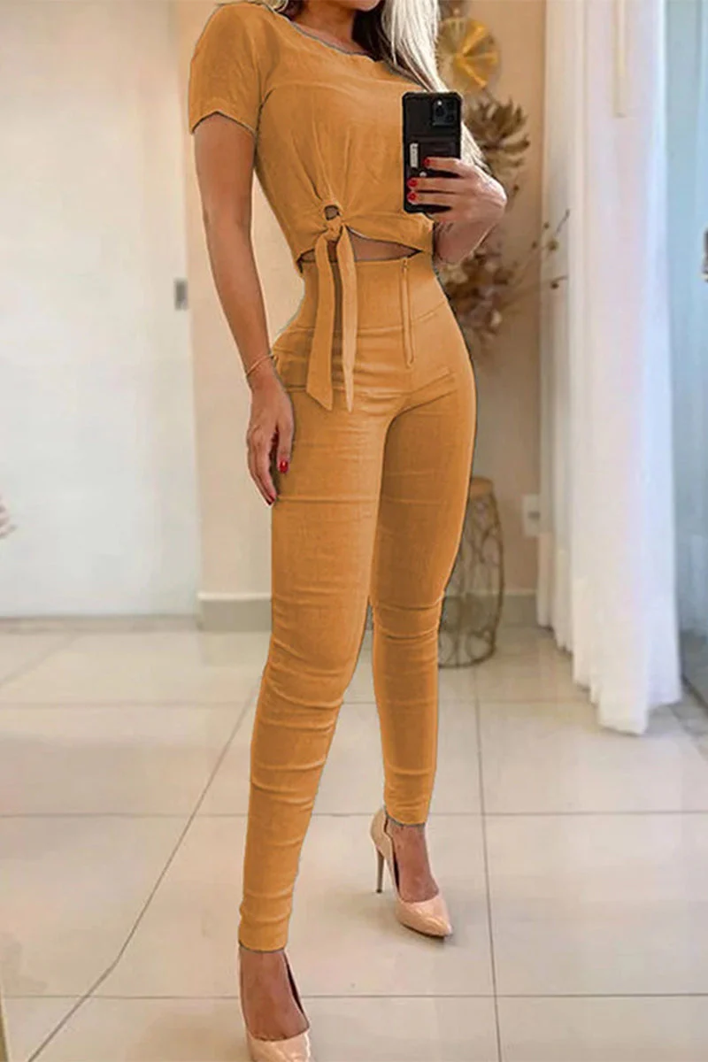 Casual Daily Solid Frenulum Zipper O Neck Short Sleeve Two Pieces - Image 6