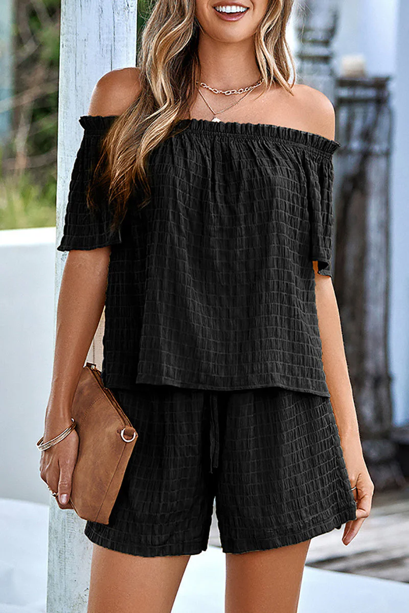 Casual Daily Solid Off the Shoulder Short Sleeve Two Pieces(3 Colors) - Image 14