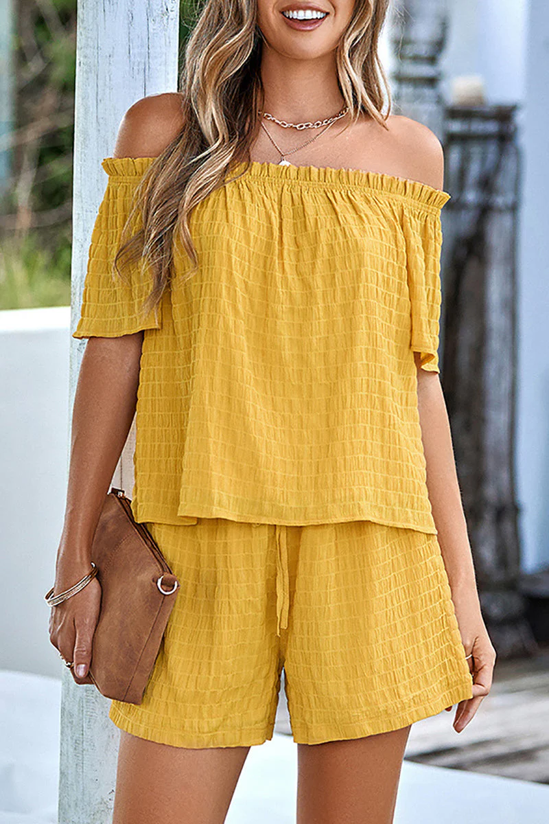 Casual Daily Solid Off the Shoulder Short Sleeve Two Pieces(3 Colors) - Image 16