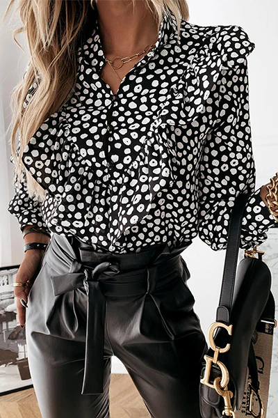 Casual Elegant Print Buckle Flounce Mandarin Collar Tops - Image 17