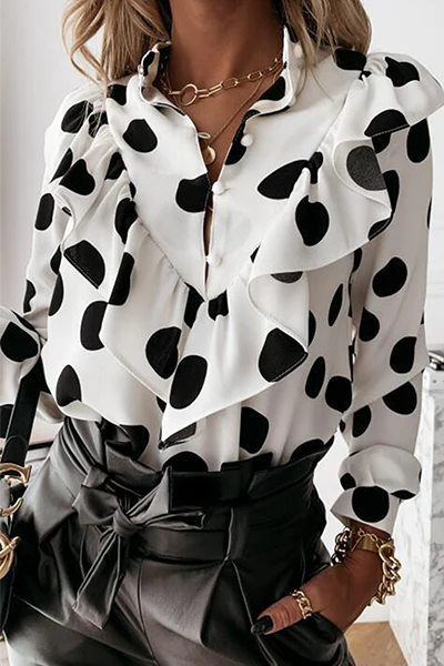 Casual Elegant Print Buckle Flounce Mandarin Collar Tops - Image 3