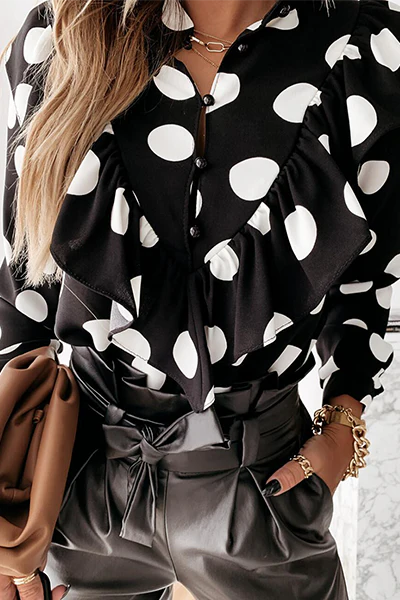 Casual Elegant Print Buckle Flounce Mandarin Collar Tops - Image 4