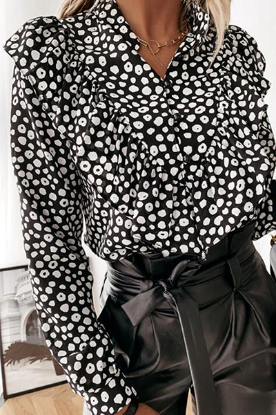 Casual Elegant Print Buckle Flounce Mandarin Collar Tops - Image 7
